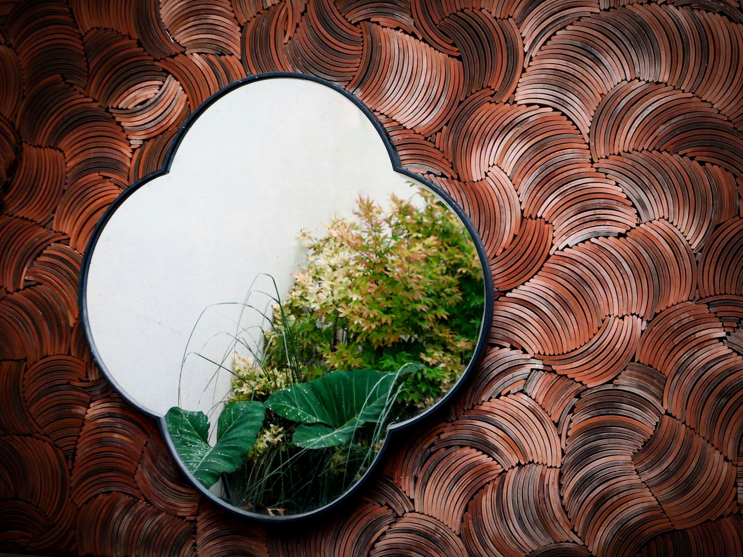 Miroir mural orné reflétant plantes vertes luxuriantes